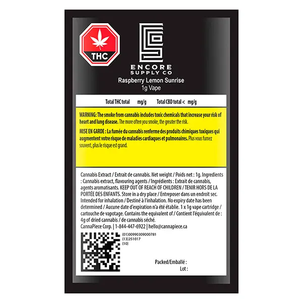 Raspberry Lemon Sunrise 510 Thread Cartridge (510 Cartridges) by Encore Supply Co