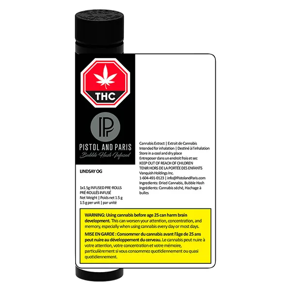 Lindsay OG Bubble Hash Infused Pre-Roll (Pre-Rolls) by Pistol and Paris