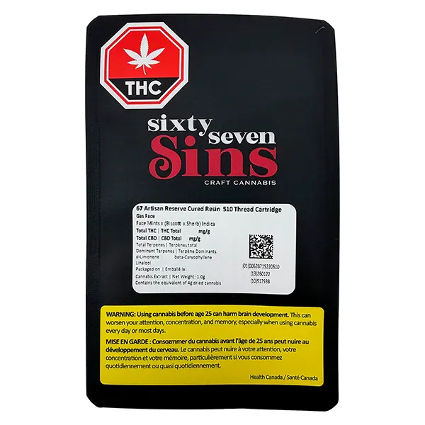 Image for 67 Artisan Reserve Cured Resin 510 Thread Cartridge, cannabis 510 cartridges by Sixty Seven Sins