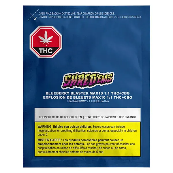 Image for Blueberry Blaster Max10 1:1 THC:CBG Gummy, cannabis edibles by Shred'ems