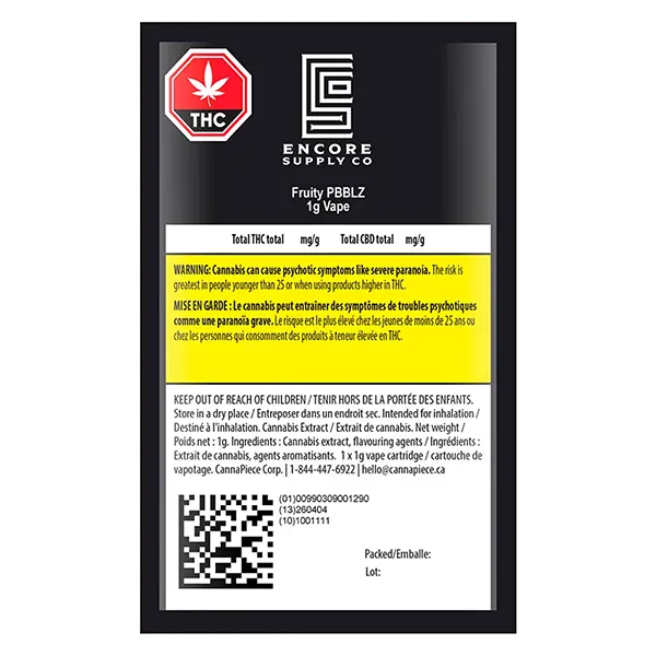 Image for Fruity PBBLZ 510 Thread Cartridge, cannabis vapes by Encore Supply Co