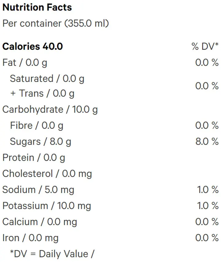 Limonene & Sparkling Tonic (Beverages) Nutrition Table