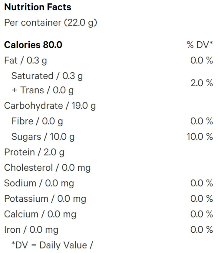 Peach Serene CBD Soft Chews (Gummies) Nutrition Table