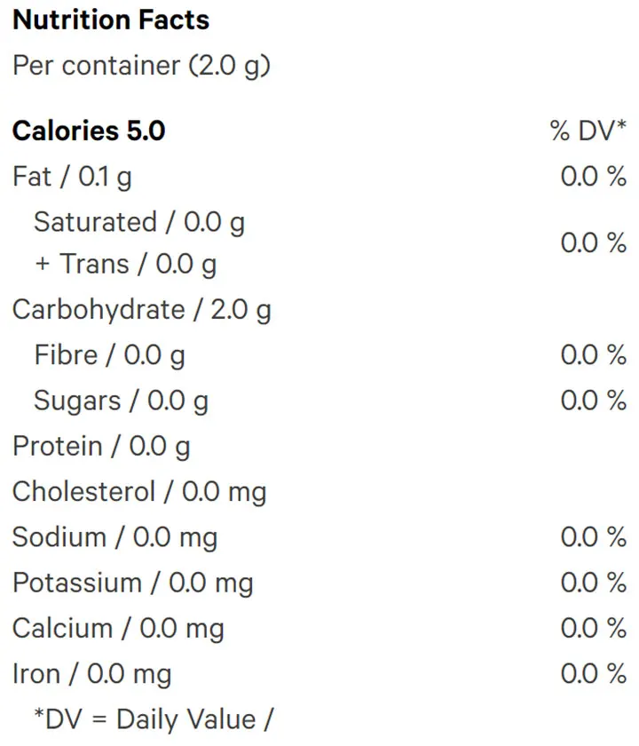 Rapid Dissolvable CBD Powder (Beverages) Nutrition Table