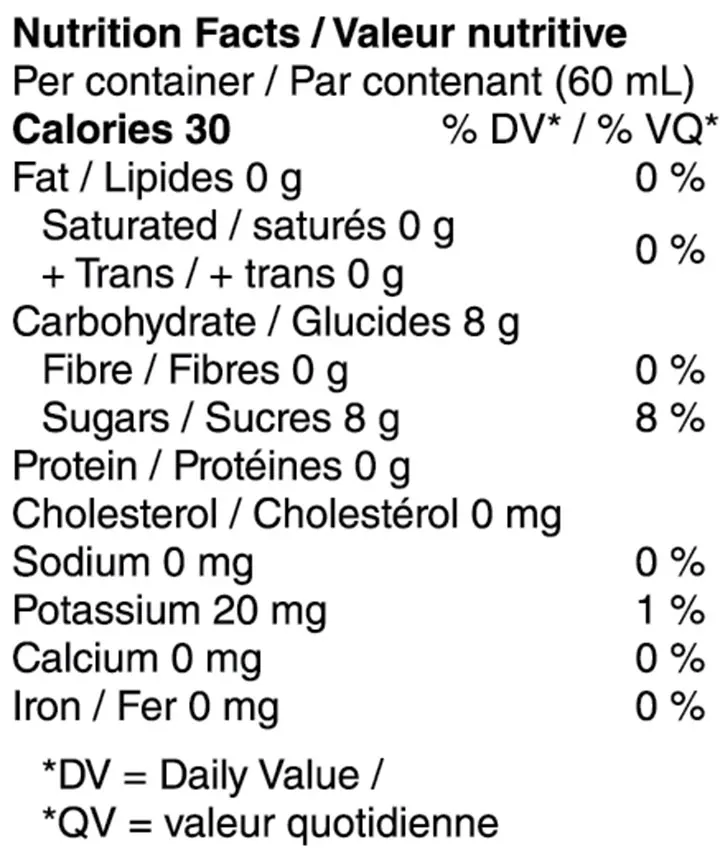 Acai Retreat (Beverage Mixers) Nutrition Table