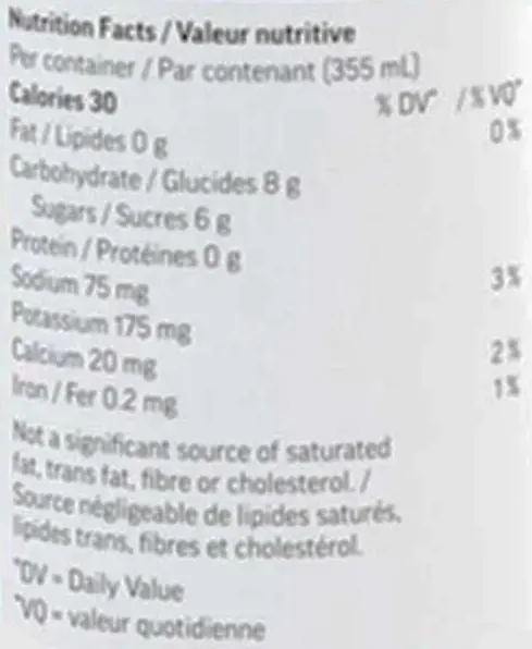 Lemon Honey & Ginger Chamomile Sparkling Tea (Sparkling Water) Nutrition Table