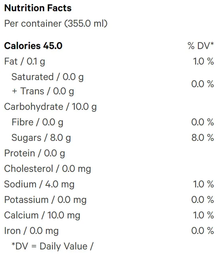 Valencene & Sparkling Tonic (Beverages) Nutrition Table