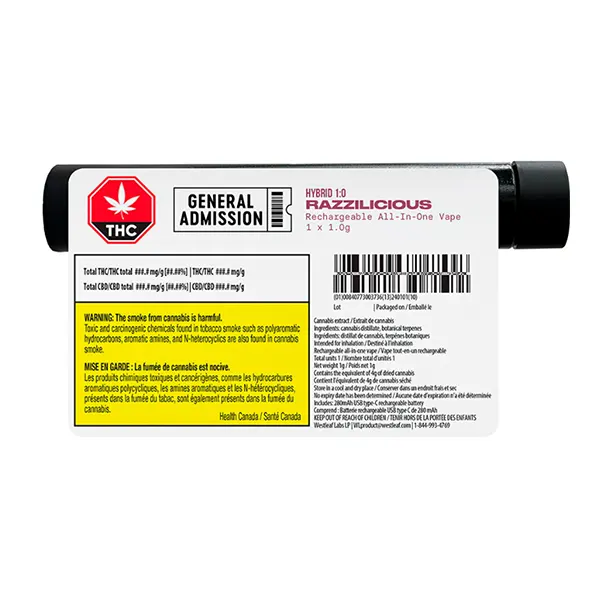 Image for Razzilicious Hybrid (1:0) Reachargeable All-In-One Vape, cannabis disposable vapes by General Admission