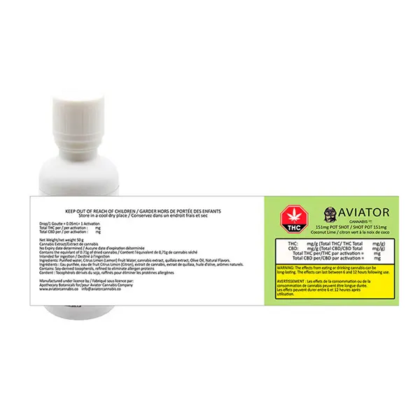 Image for 151 mg Pot Shot Coconut-Lime, cannabis bottled oils by Aviator Cannabis