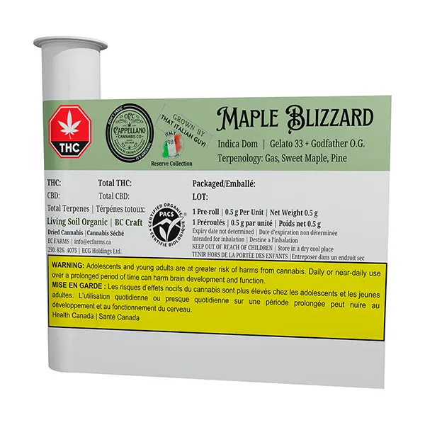 Image for BC Organic (LSO) Maple Blizzard Pre-Roll, cannabis all products by Cappellano Cannabis