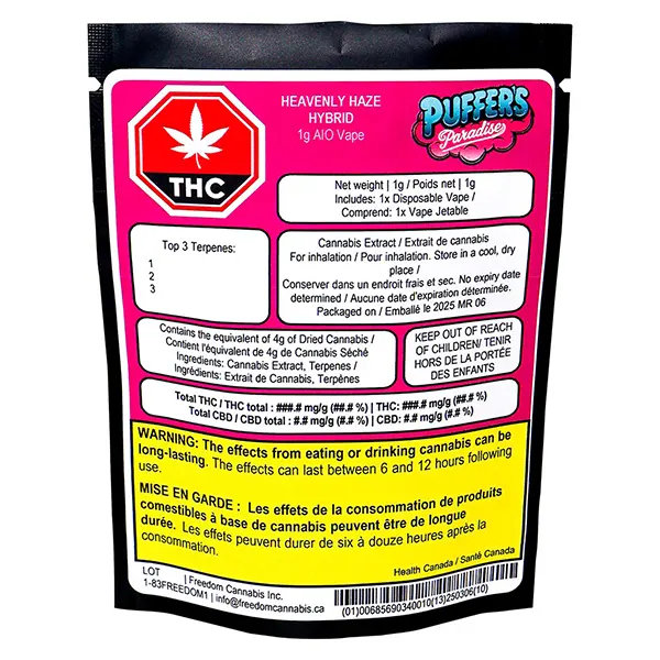 Image for Heavenly Haze AIO Vape, cannabis disposable vapes by Puffer's Paradise