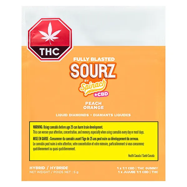 Image for Fully Blasted Peach Orange 1:1 THC CBD Gummies, cannabis gummies by SOURZ by Spinach