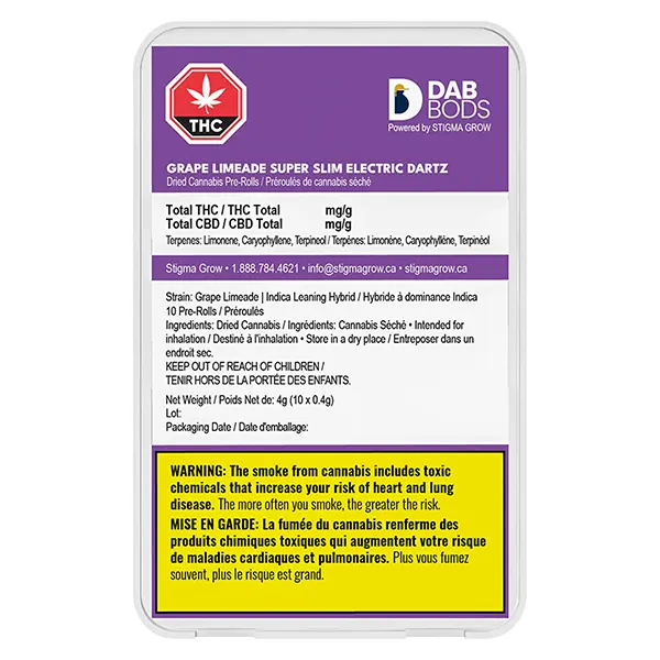 Image for Grape Limeade Super Slim Electric Dartz Pre-Roll, cannabis pre-rolls by Dab Bods