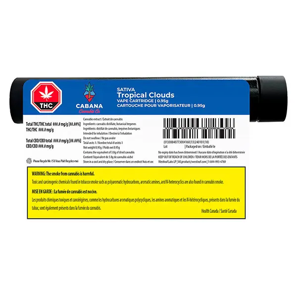 Image for Tropical Clouds Sativa Distillate Vape, cannabis 510 cartridges by Cabana Cannabis Co.