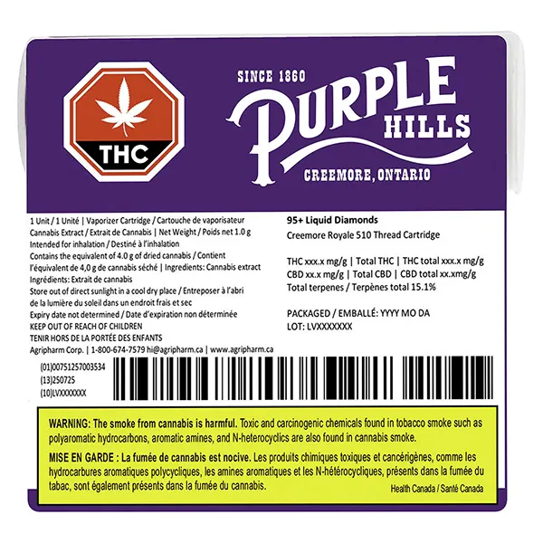 Image for 95+ Liquid Diamonds - Creemore Royale 510 Thread Cartridge, cannabis 510 cartridges by Purple Hills