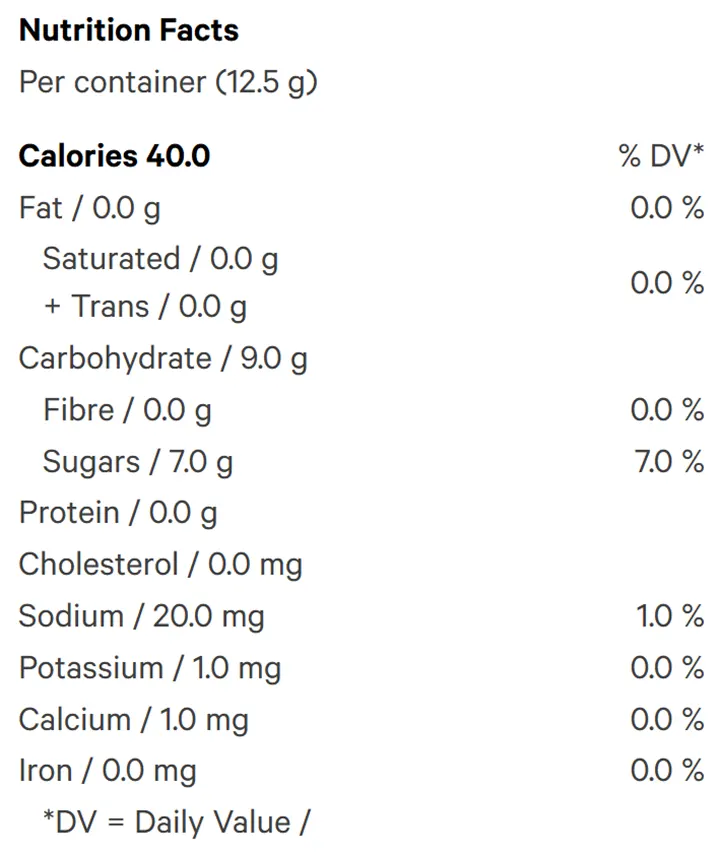 Peaches & Cream CBD100 Soft Chews (Gummies) Nutrition Table