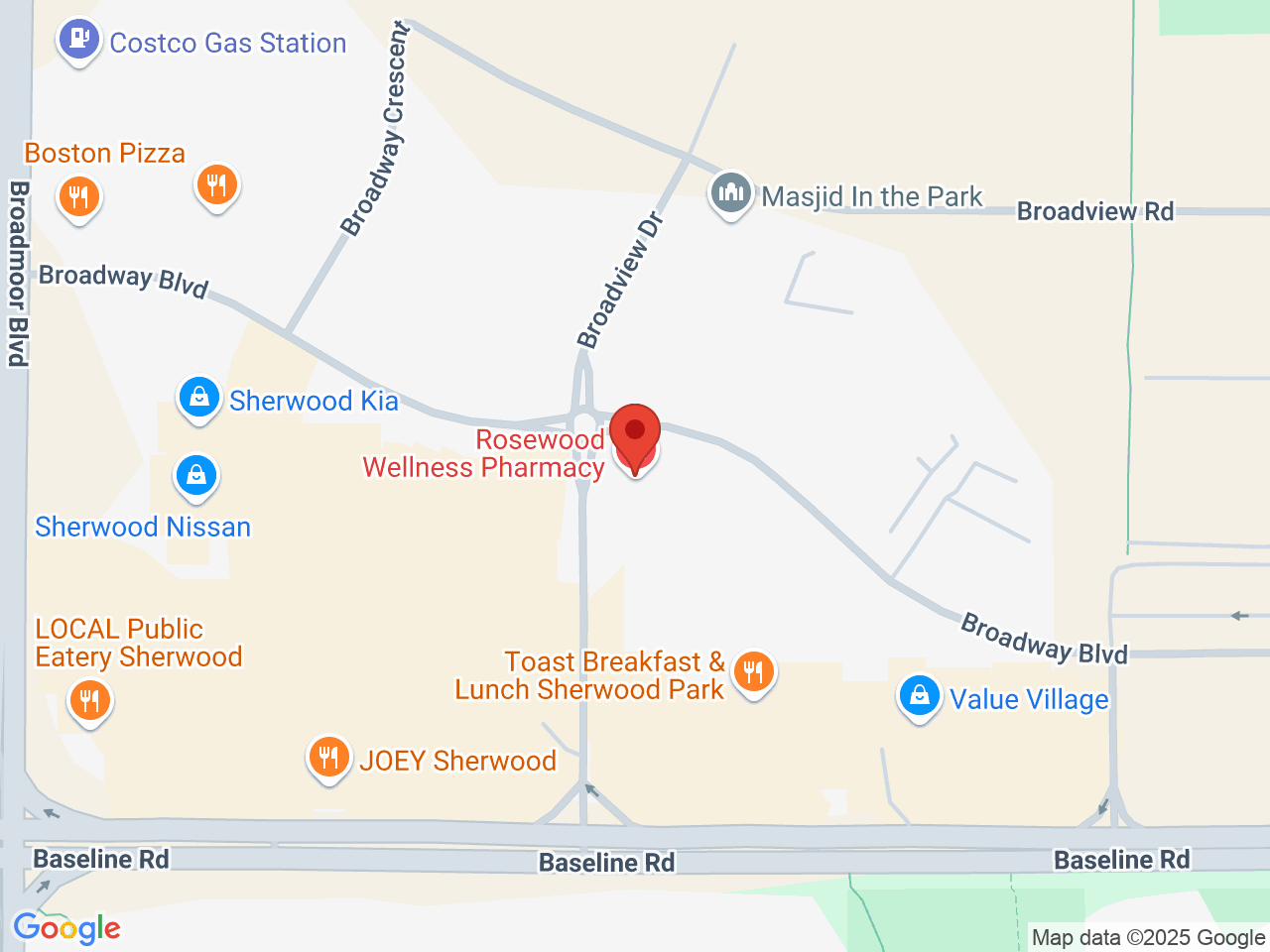 Street map for Brightleaf Cannabis, 30-130 Broadway Blvd., Sherwood Park AB