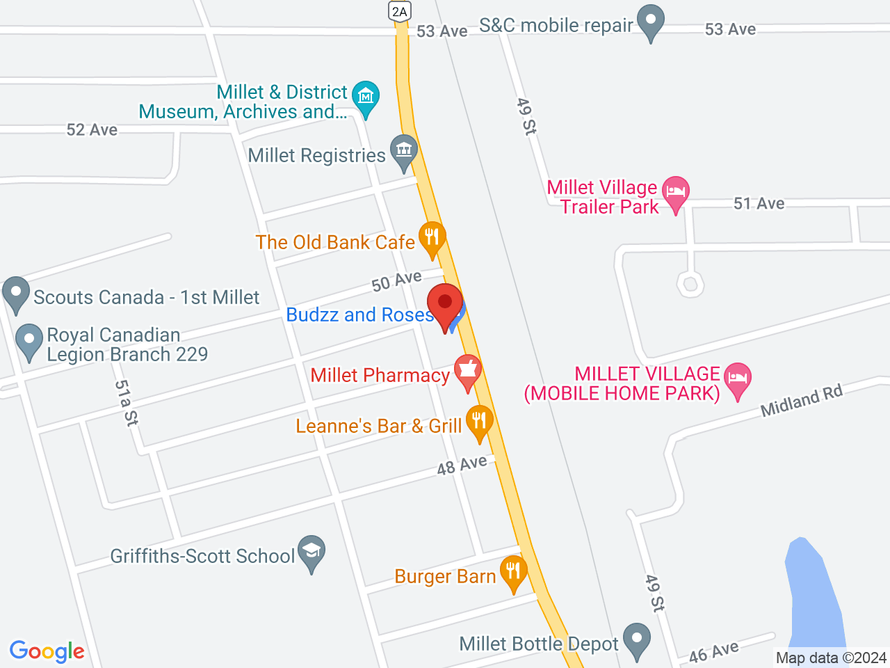 Street map for Budzz & Roses Millet, 4908 50 St., Millet AB