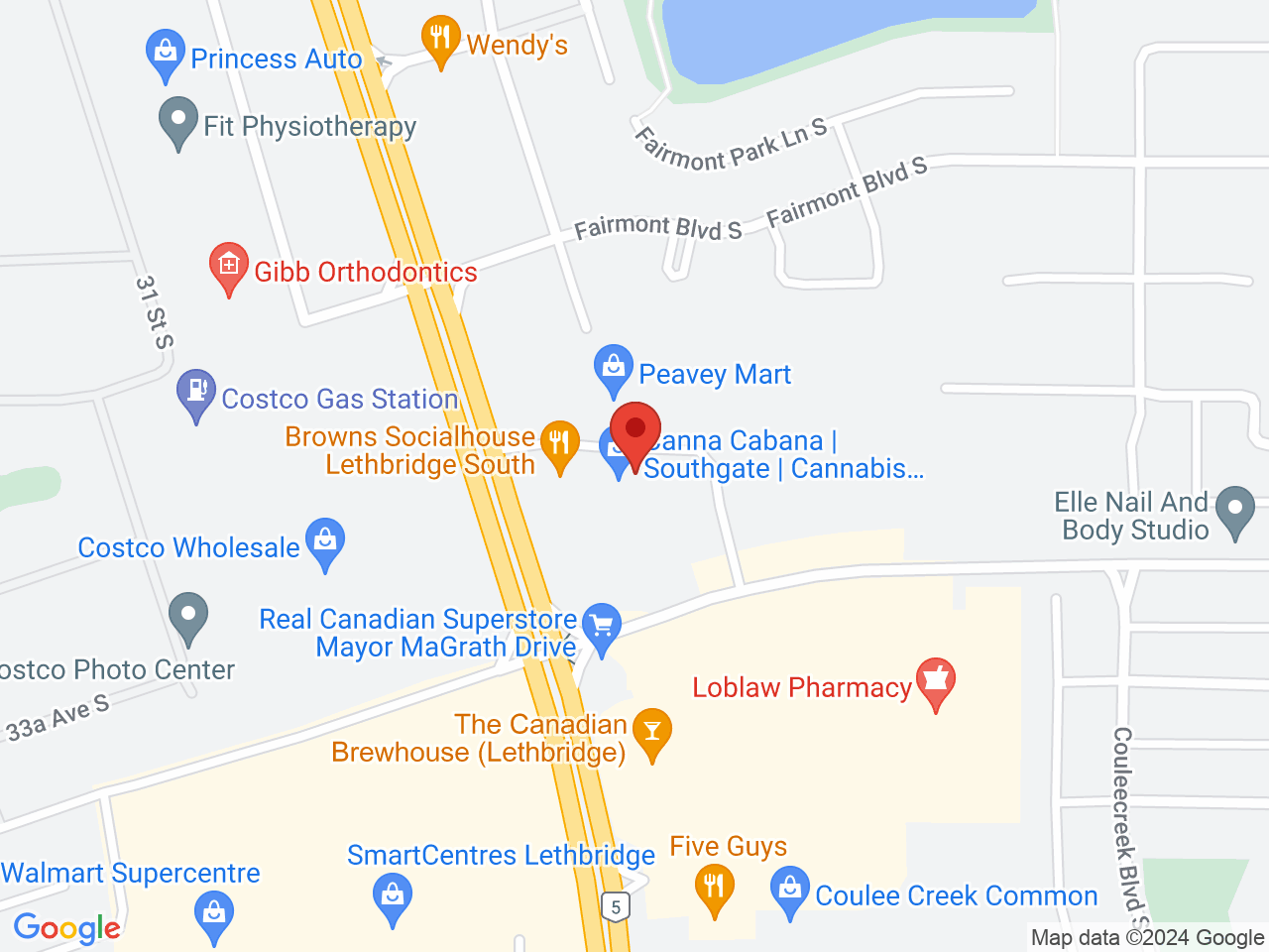 Street map for Canna Cabana Lethbridge, 10-23 Southgate Blvd., Lethbridge AB