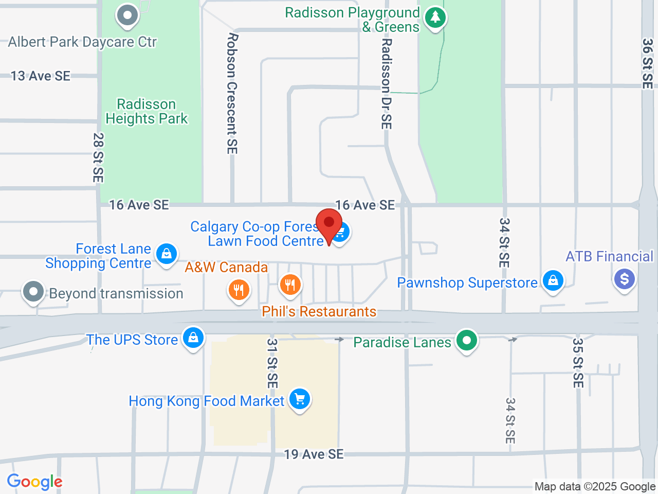 Street map for Co-op Cannabis Forest Lawn, 3331 17 Ave SE, Calgary AB