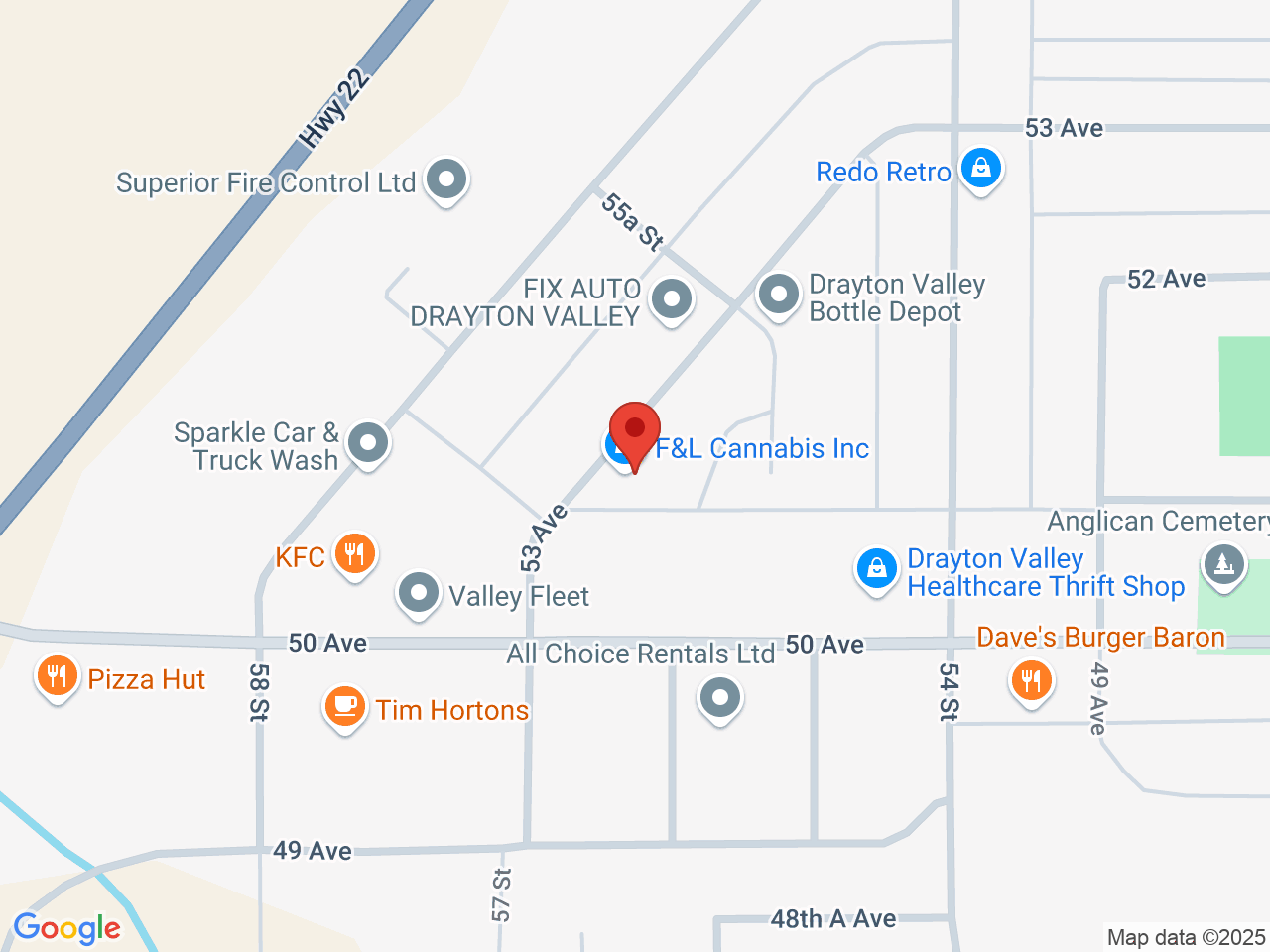 Street map for F&L Cannabis Inc., 5521 53 Ave., Drayton Valley AB