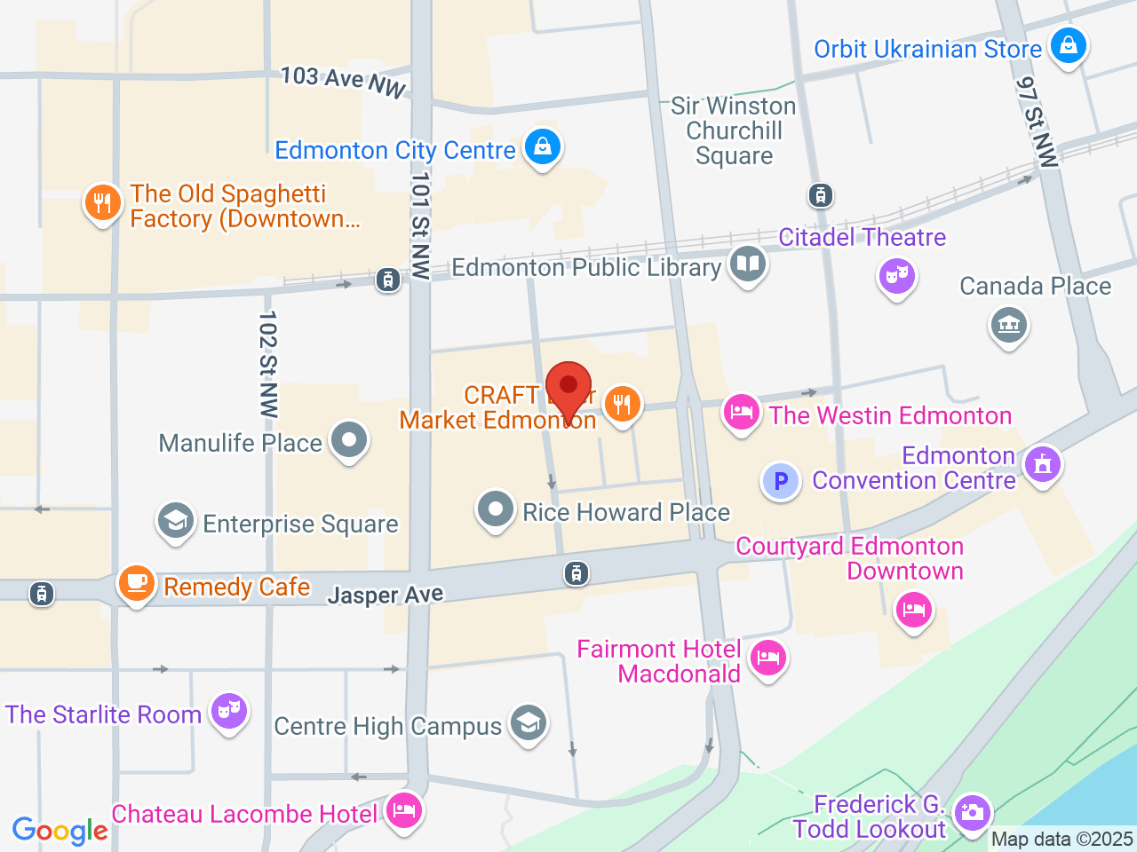 Street map for Fire & Flower Cannabis Co. Rice Howard Way, 10141 100A St. NW, Edmonton AB