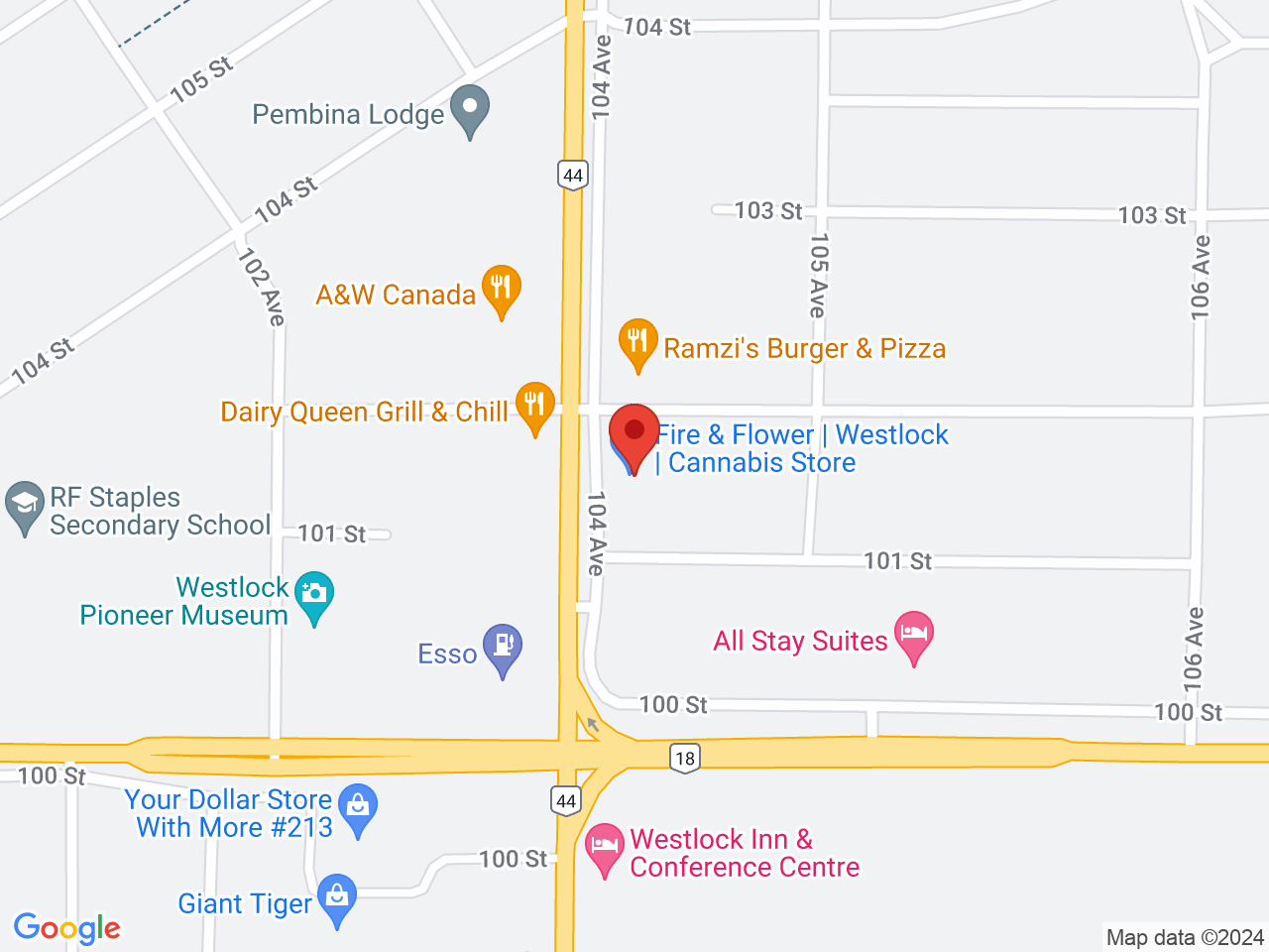 Street map for Fire & Flower Cannabis Co. Westlock, 10111 104 Ave., Westlock AB