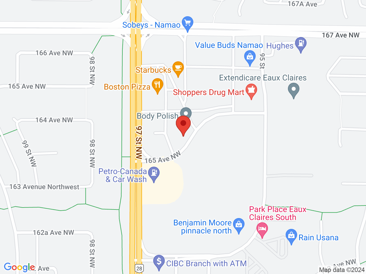 Street map for Fire & Flower Cannabis Co. Namao, 9610 165 Ave. NW, Edmonton AB