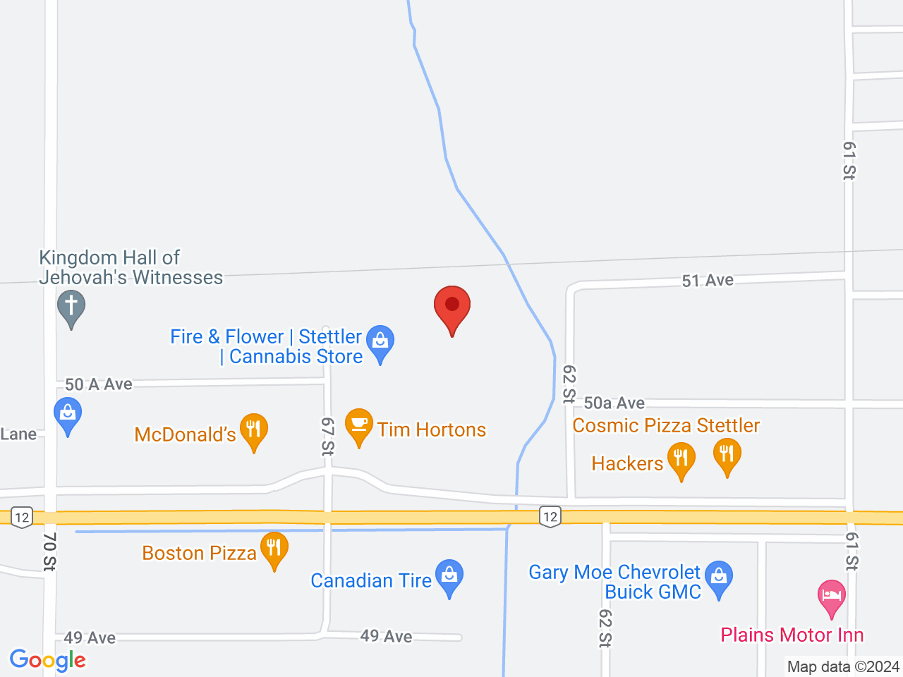 Street map for Fire & Flower Cannabis Co. Stettler, 6610 50 Ave., Stettler AB