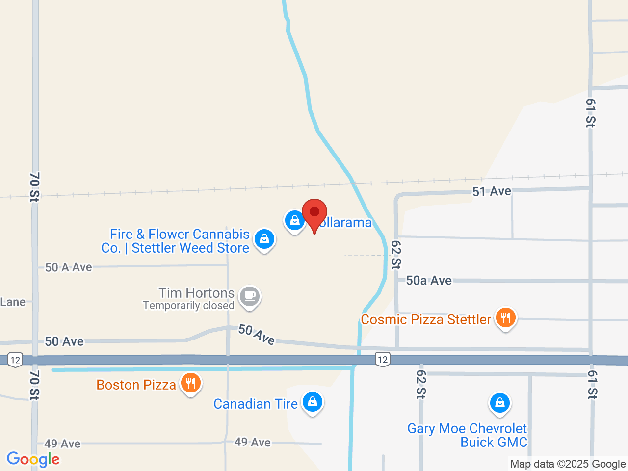 Street map for Fire & Flower Cannabis Co. Stettler, 6610 50 Ave., Stettler AB