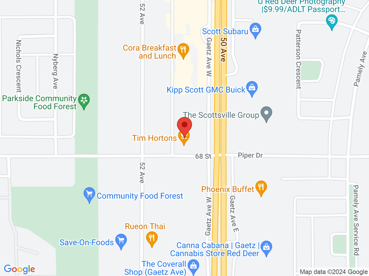 Street map for Fire & Flower Cannabis Co. Dawson Center, 6802 50 Ave., Unit 120, Red Deer AB