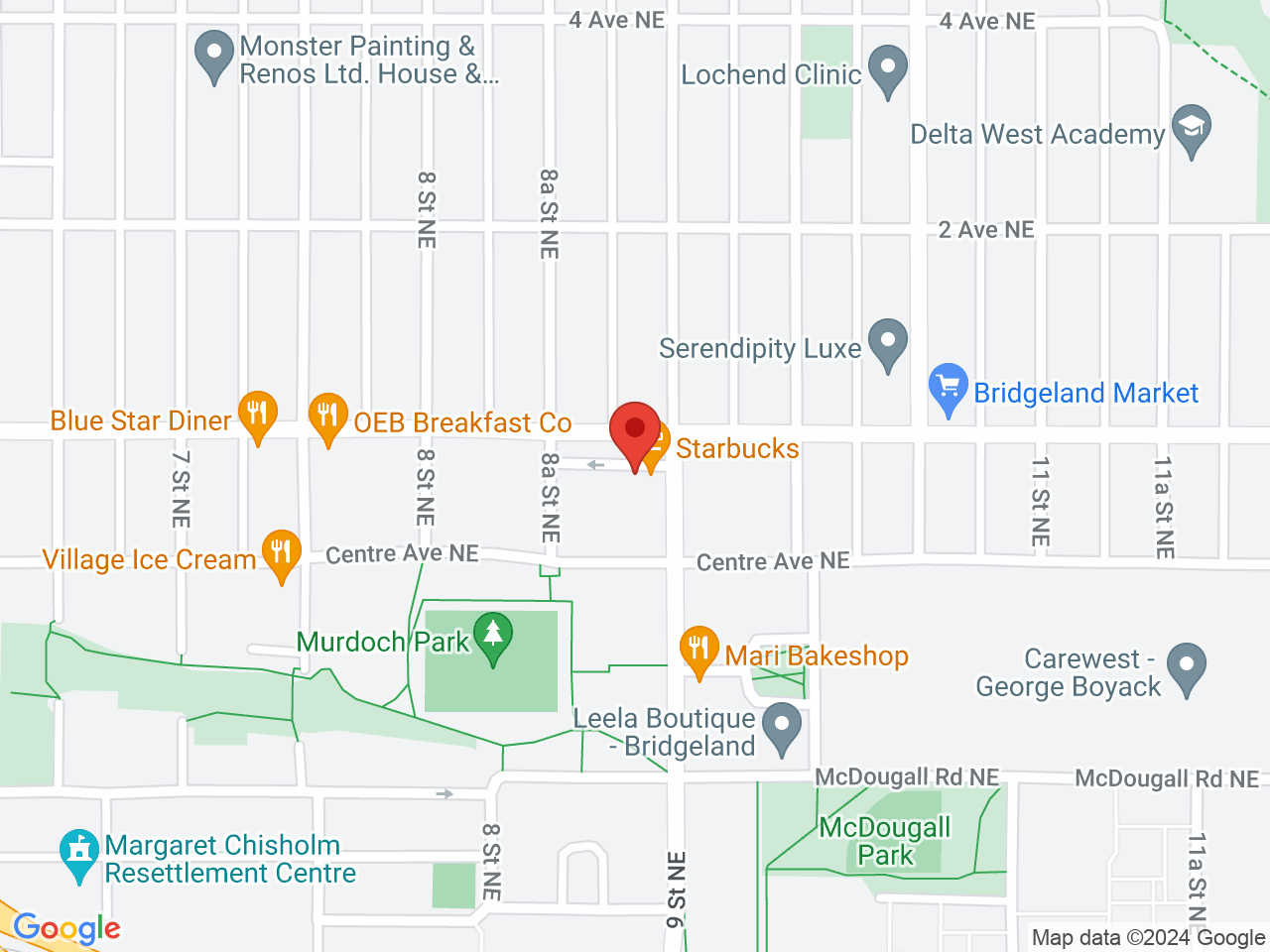 Street map for FivePoint Cannabis Bridgeland, 945 General Ave. NE, Calgary AB