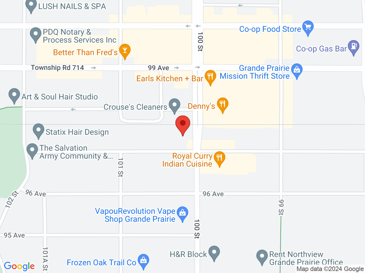 Street map for Lucky Leaf Cannabis, 9702 100 St., Grande Prairie AB