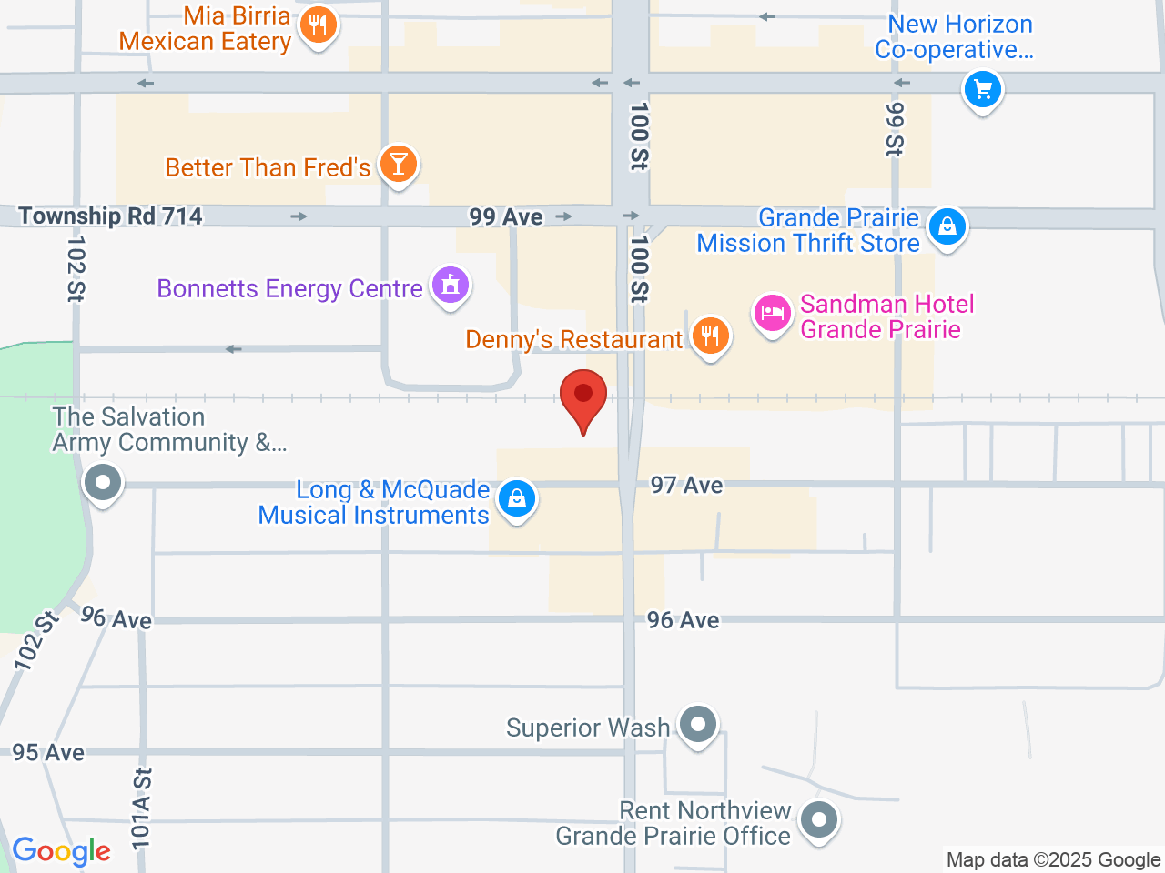 Street map for Lucky Leaf Cannabis, 9702 100 St., Grande Prairie AB