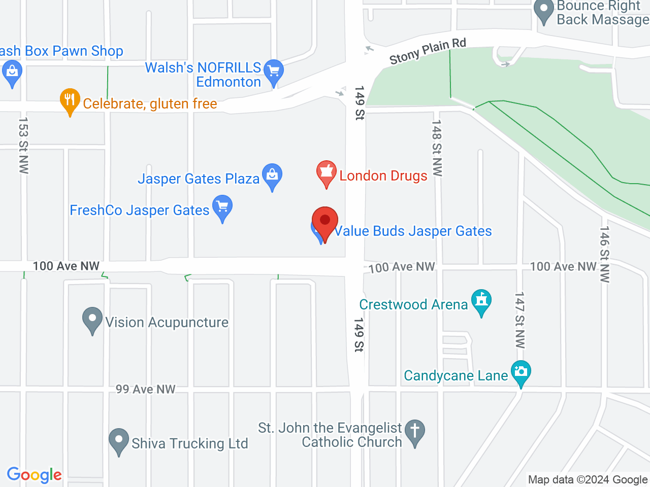 Street map for Value Buds Jasper Gates, 14971 Stony Plain Rd. NW, Edmonton AB