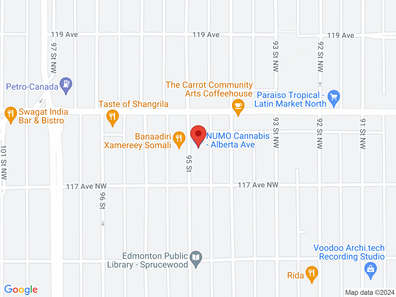 Street map for NUMO Cannabis Alberta Ave, 11733 95 St. NW, Edmonton AB