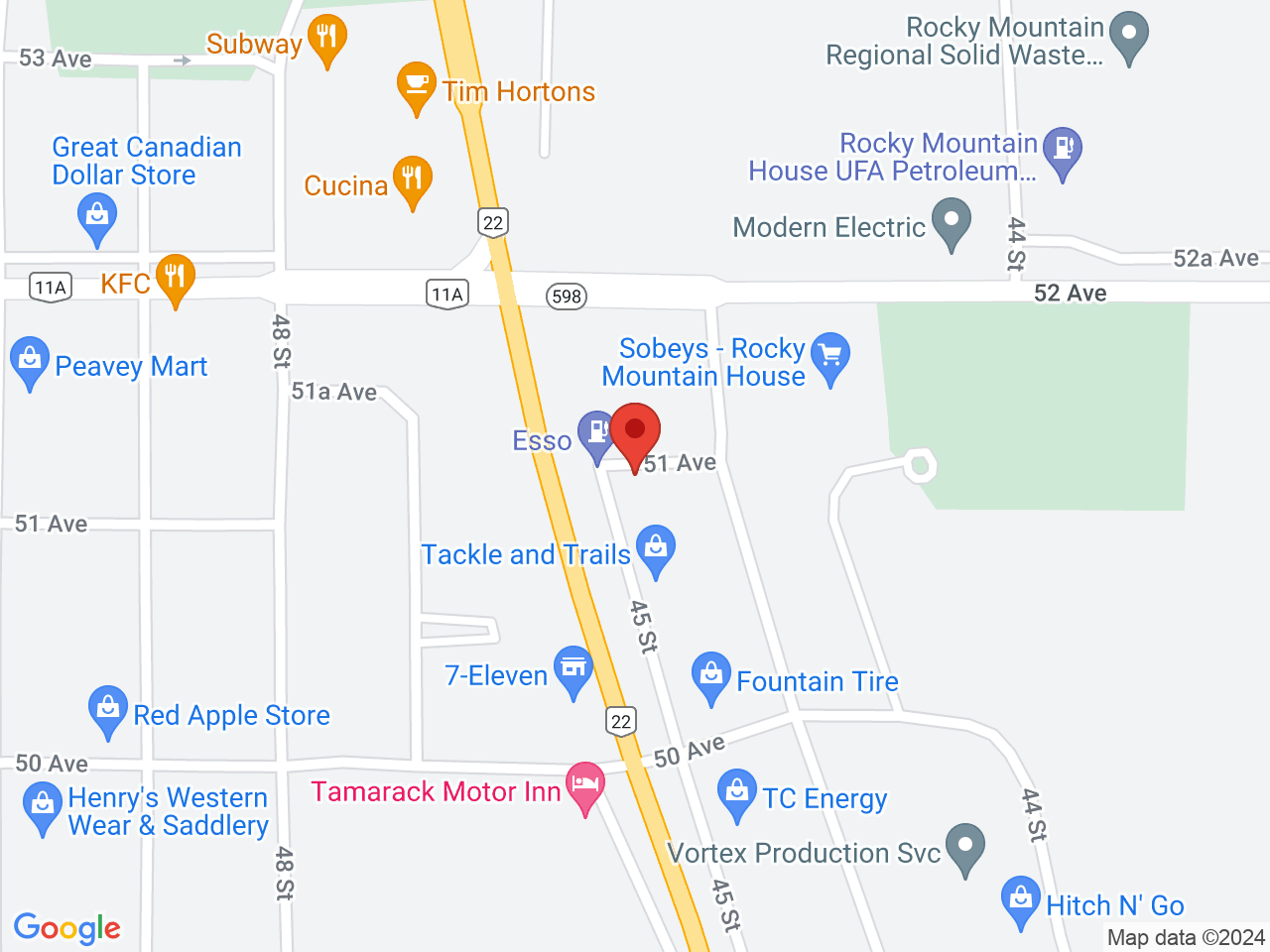 Street map for Rocky Mountain Cannabis, 5103B 46 St., Rocky Mountain House AB
