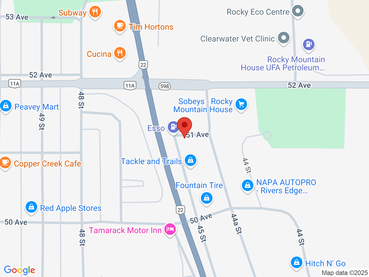 Street map for Rocky Mountain Cannabis, 5103B 46 St., Rocky Mountain House AB