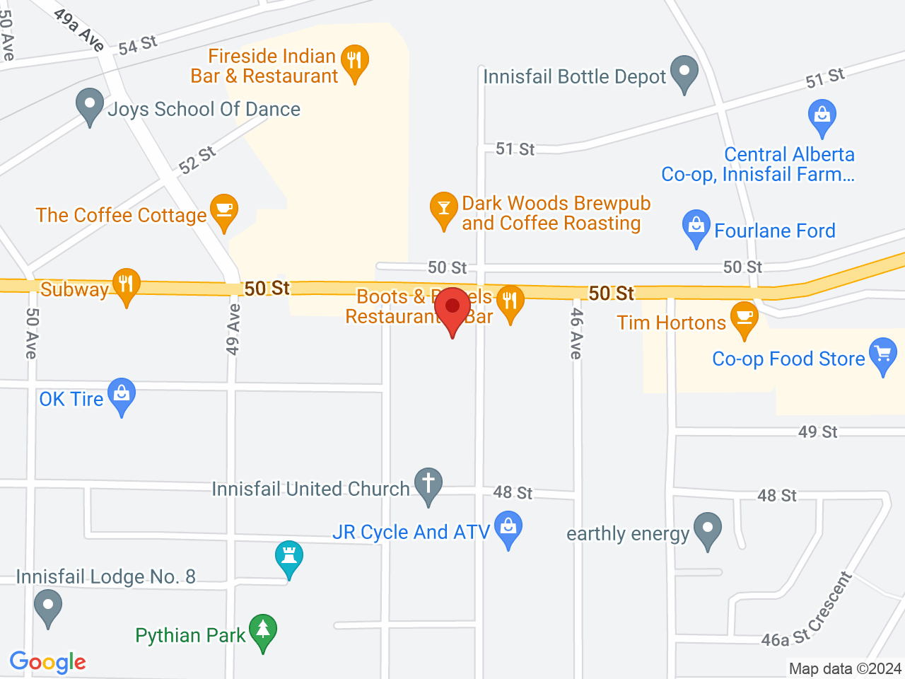 Street map for The Green Box Innisfail, 4915 47 Ave., Innisfail AB