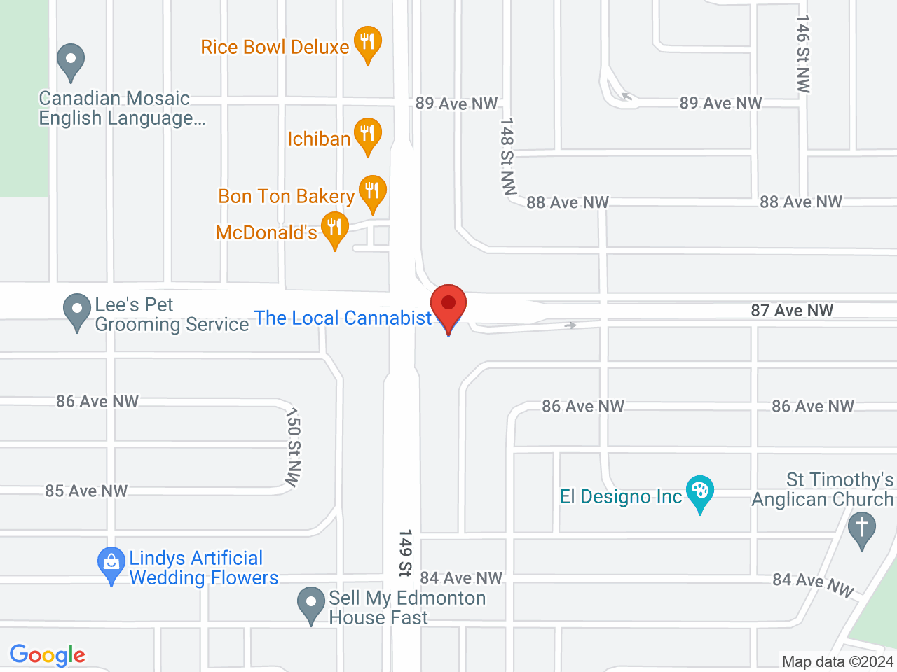 Street map for The Local Cannabist, B1-14727 87 Ave. NW, Edmonton AB