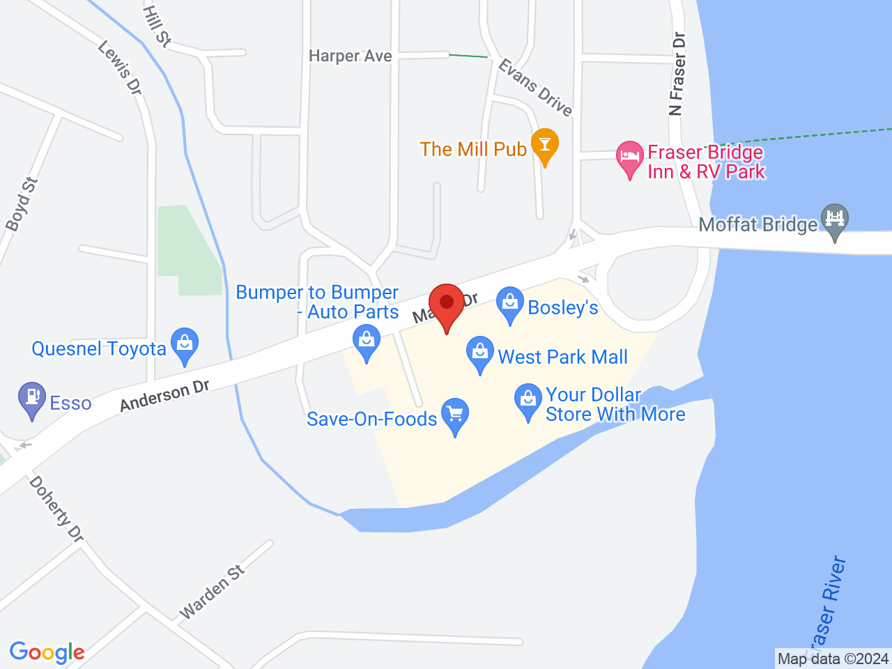 Street map for BC Cannabis Store West Park, 155 Malcolm Dr, Quesnel BC