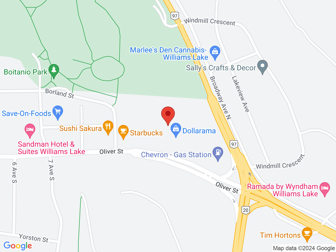 Street map for BC Cannabis Store Boitanio Mall, 850 Oliver St., #130, Williams Lake BC
