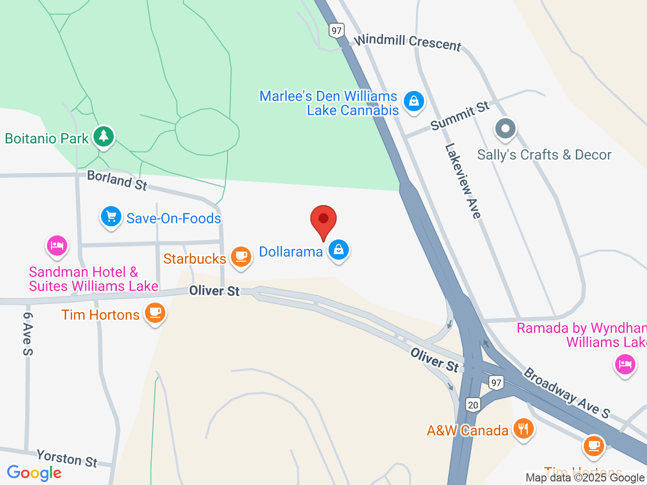 Street map for BC Cannabis Store Boitanio Mall, 850 Oliver St., #130, Williams Lake BC