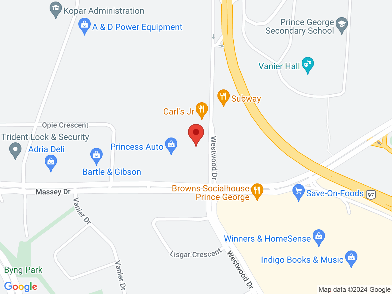 Street map for Flora Cannabis, 101-3320 Massey Drive, Prince George BC