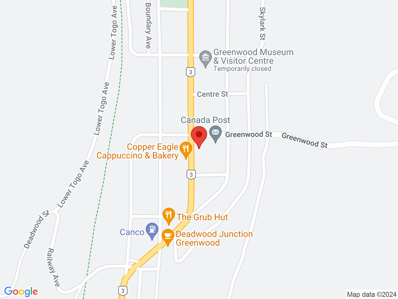 Street map for Baggy's Cannabis Store, 314 S Copper Ave, Greenwood BC