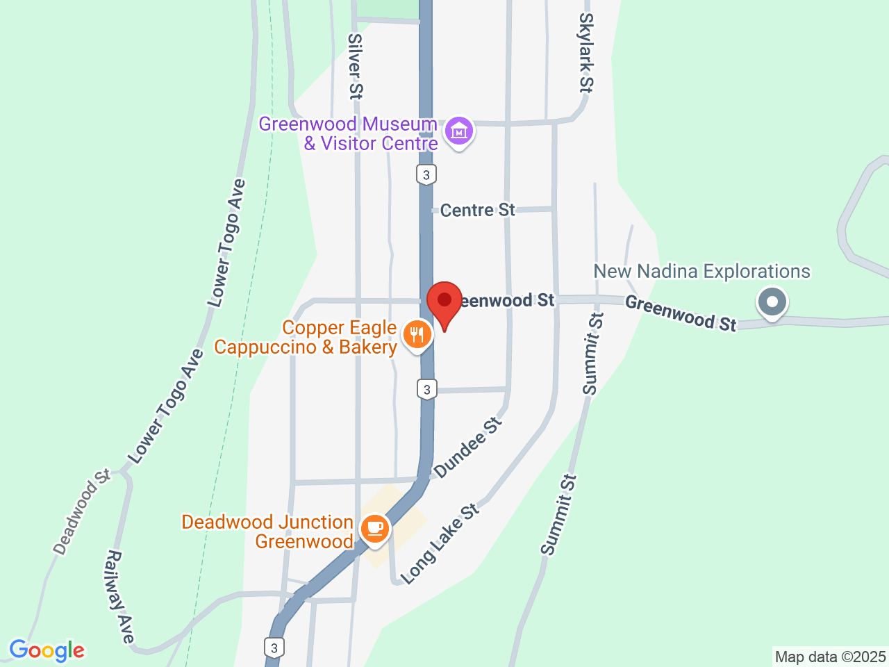 Street map for Baggy's Cannabis Store, 314 S Copper Ave, Greenwood BC