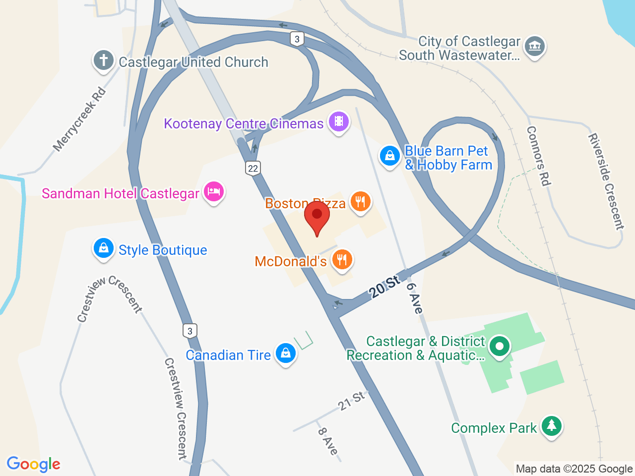 Street map for Jeffrey's Cannabis Shop, 107-1983 Columbia Ave, Castlegar BC