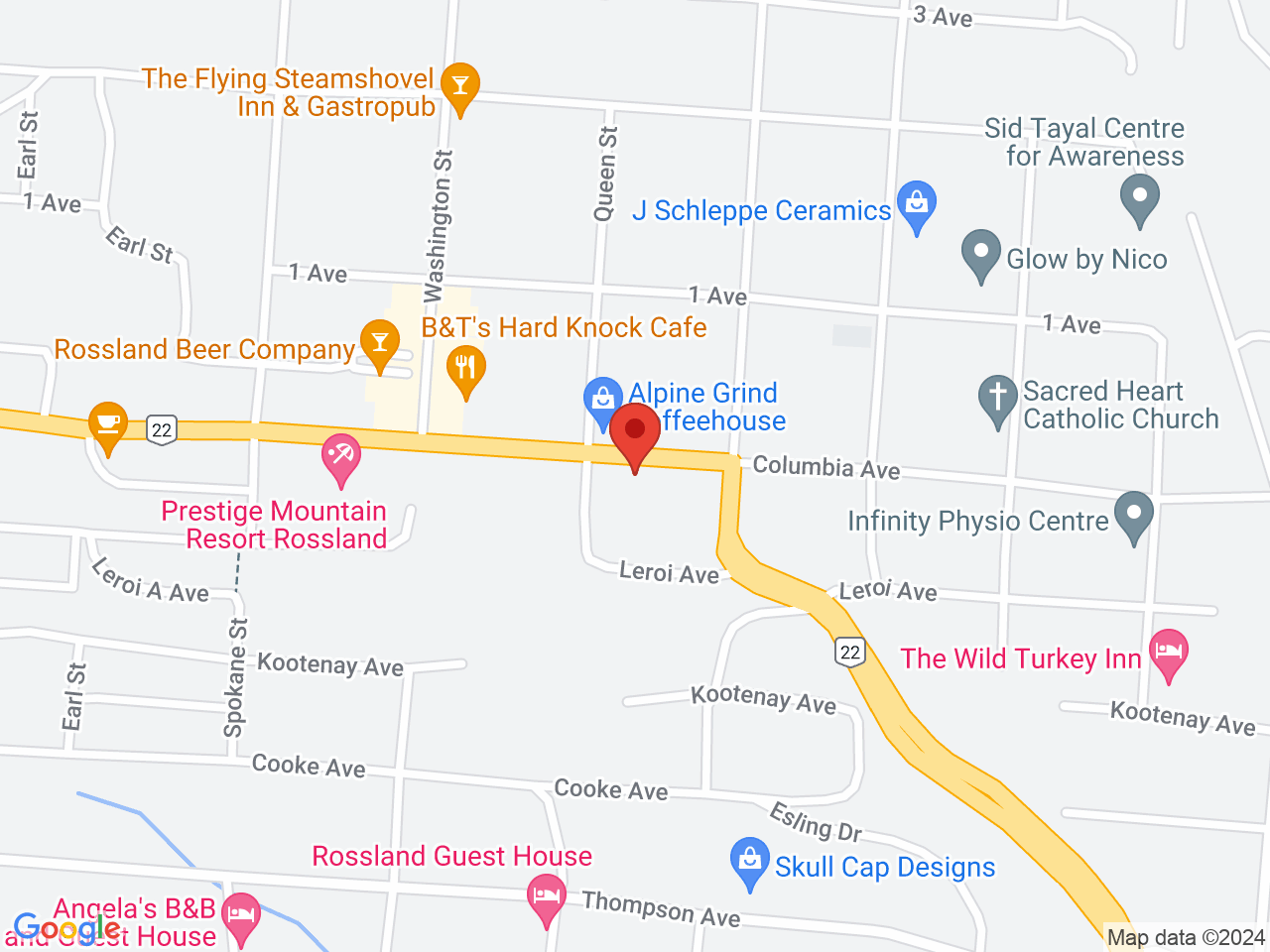 Street map for Jeffrey's Cannabis Shop, 2123 Columbia Ave., Rossland BC