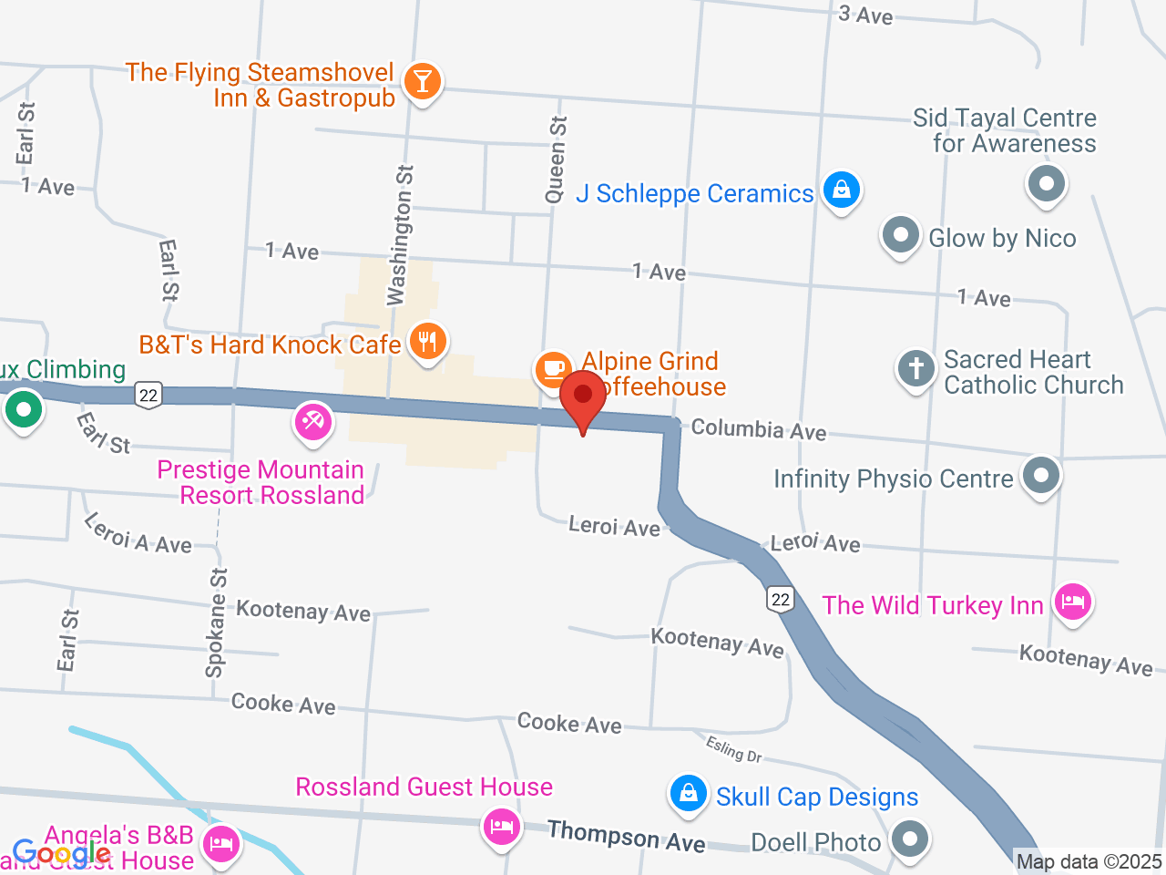 Street map for Jeffrey's Cannabis Shop, 2123 Columbia Ave., Rossland BC