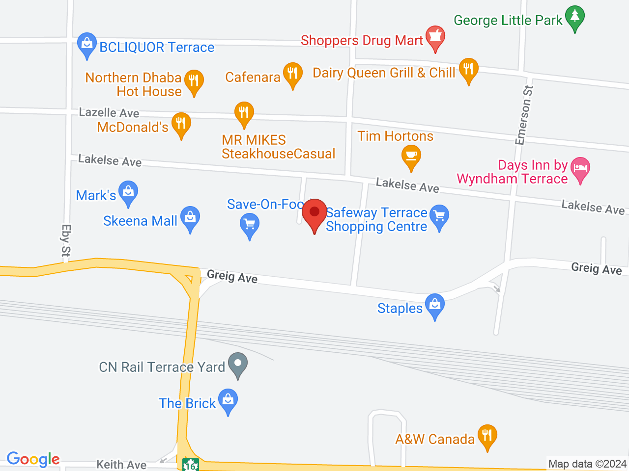 Street map for KJ's Best Cannabis, 118-4717 Lakelse Ave, Terrace BC